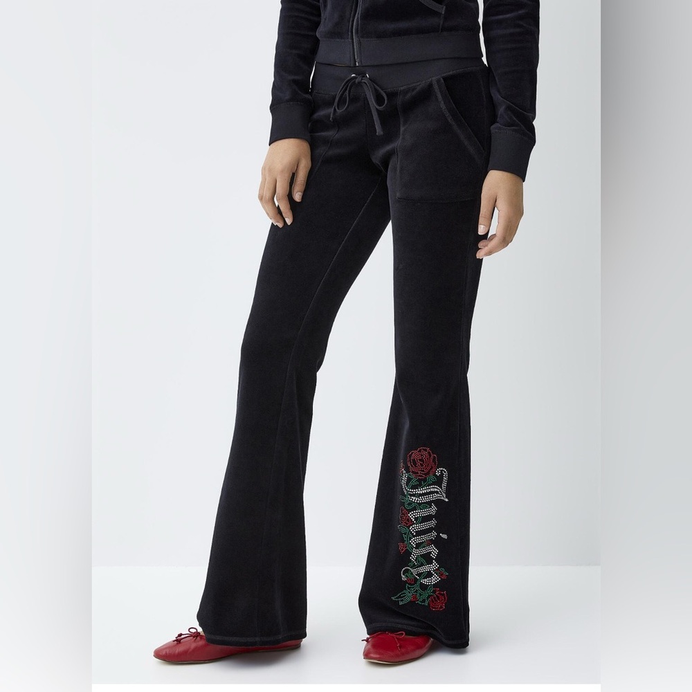 NWOT JUICY COUTURE bling snap pocket cotton velour pants in licorice size M - Picture 2 of 6